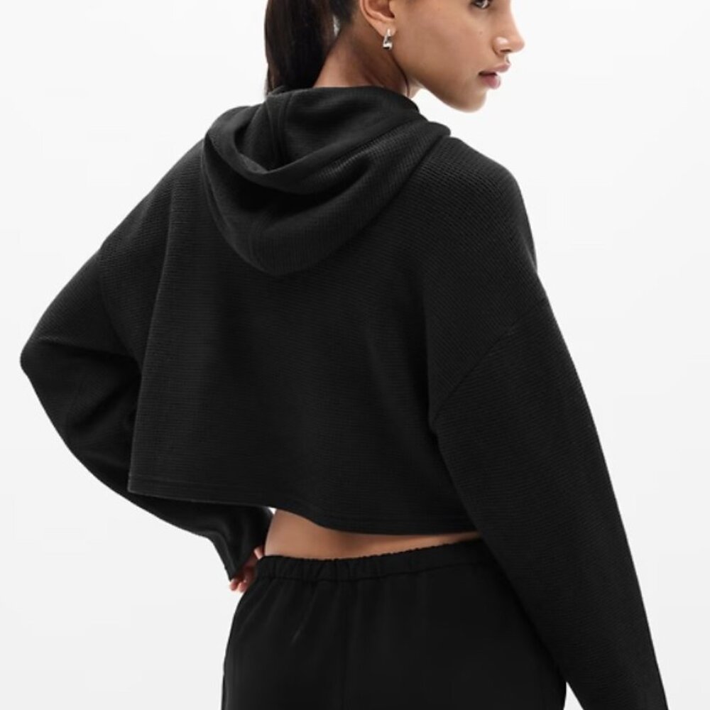 Athleta Black Waffle Thermal Cropped Hoodie Pullover — Women’s L